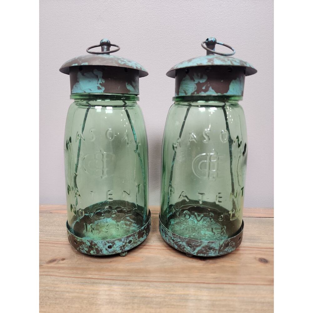 Set Of 2 Green Glass And Metal Jar Pillar Candle Holders Can Hang ~9” Inch